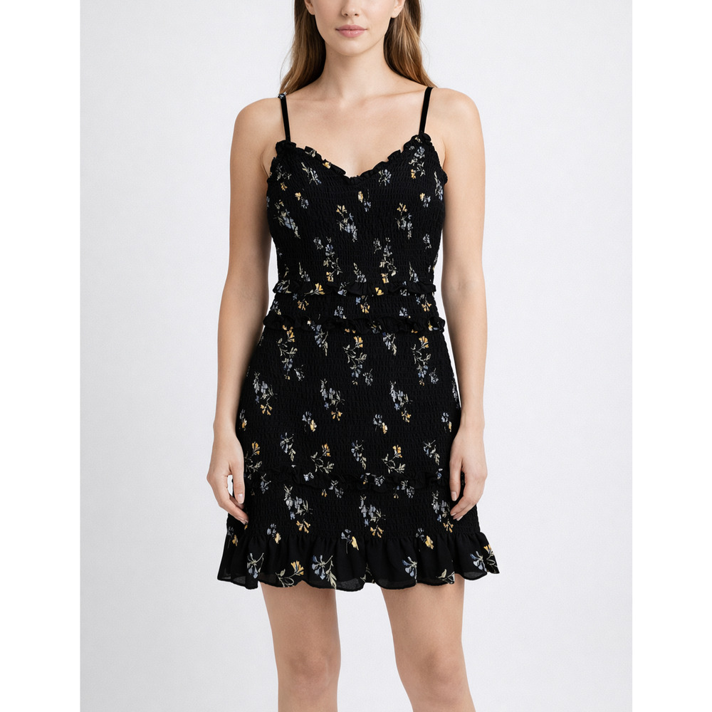 Abercrombie & Fitch Mini Dress Womens S Black Floral Smocked Ruffle Cottage Boho